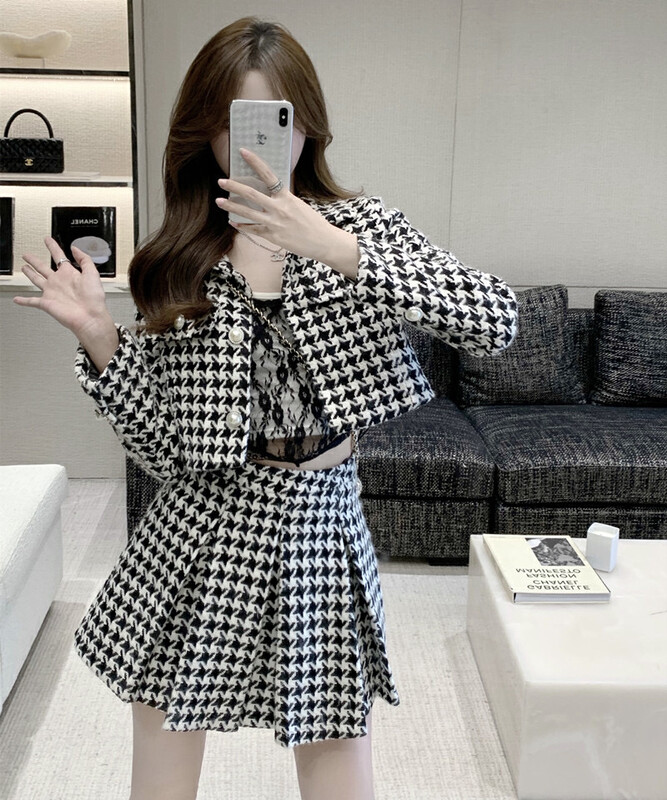 Autumn is new! [JH] Net Red Houndstooth Small Fragrant Short Jacket + Pleated Skirt Set 42813# PCZ