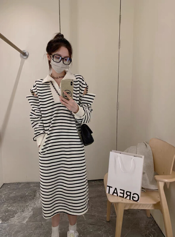 New in autumn! [JH] Net red striped off-shoulder dress 42868# PCZ
