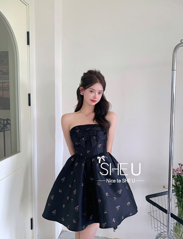 [SHE U] Niche jacquard bow tube top dress 59059