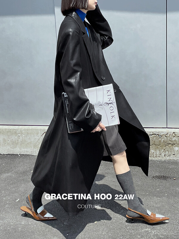 【GRACETINA HOO】Advanced waist and slim PU mid-length trench coat (irregular folds with side buttons) F137# CQW