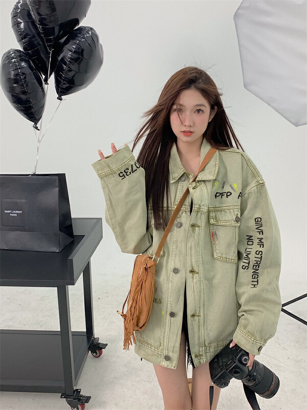New in autumn!  【L.L STUDIO】Personalized loose denim jacket with splashed ink letters 77947# PCZ