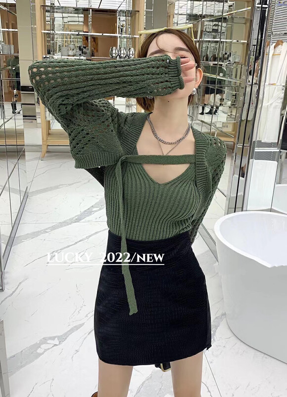 Autumn is new! [LUCKY] Pure desire slim camisole + hollow cardigan two-piece suit 802-1# ZXX