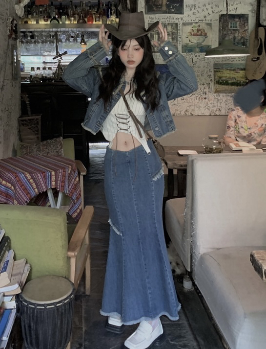 Autumn is new! [JH] Net red washed denim jacket + denim skirt suit 42833# PCZ