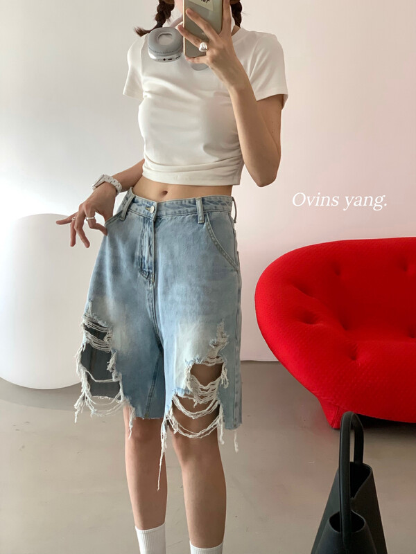 【OVINSYANG】Vintage washed ripped denim shorts denim shorts 8676
