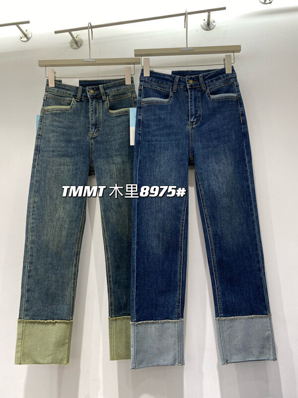 [JIAJIATMMT Muli] Elastic retro color-blocking straight stitching pencil nine-point jeans T8975# L