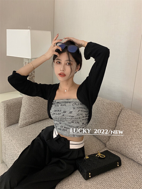 New in autumn! [LUCKY] letter tube top vest + all-match knitted cardigan suit 9461# ZXX