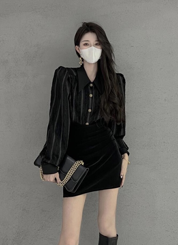 Autumn is new! [JH] Net red striped Xiaoxiang shirt + hip high waist skirt suit 43005# PCZ