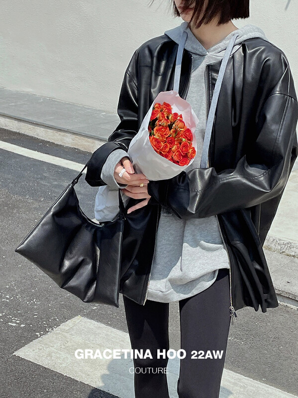 【GRACETINA HOO】Designed pleated drawstring jacket leather jacket with loose loose fit all-match WT597