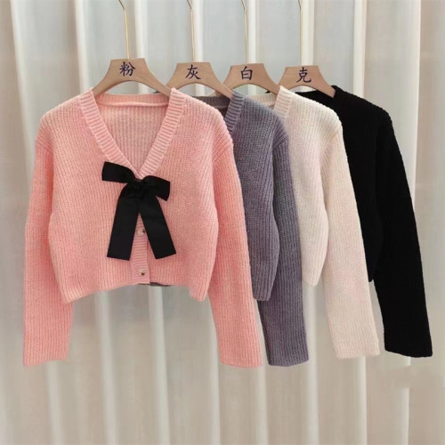 Gentle wind bow pink sweater jacket women's autumn and winter 2022 new small short v-neck knitted cardigan