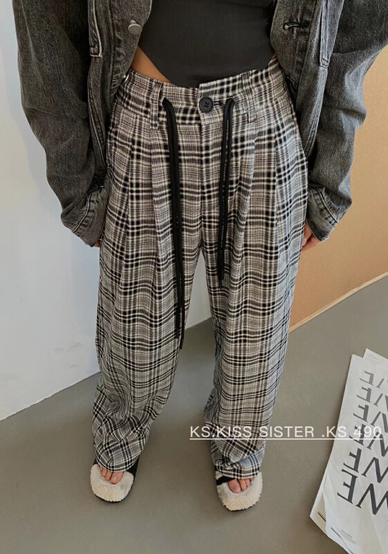 New in autumn! [KS] Loose, high-waisted, thin, straight, drapey Korean plaid casual pants (with waist rope) 22311# CQW