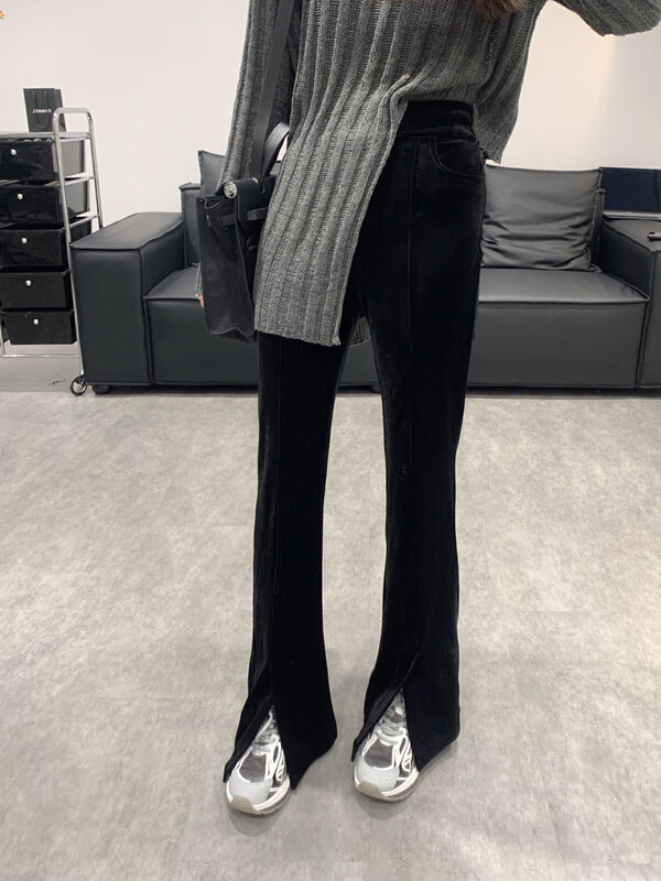 New in autumn!【VANESSA】Solid Color Velvet Straight Small Slit Casual Pants 6797# OZQ