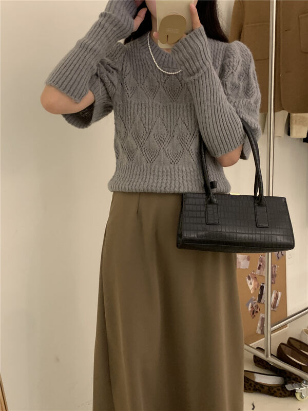 New in autumn! [ARE YOU] Korean round neck puff sleeve short knitted sweater (with detachable sleeves) 972# L