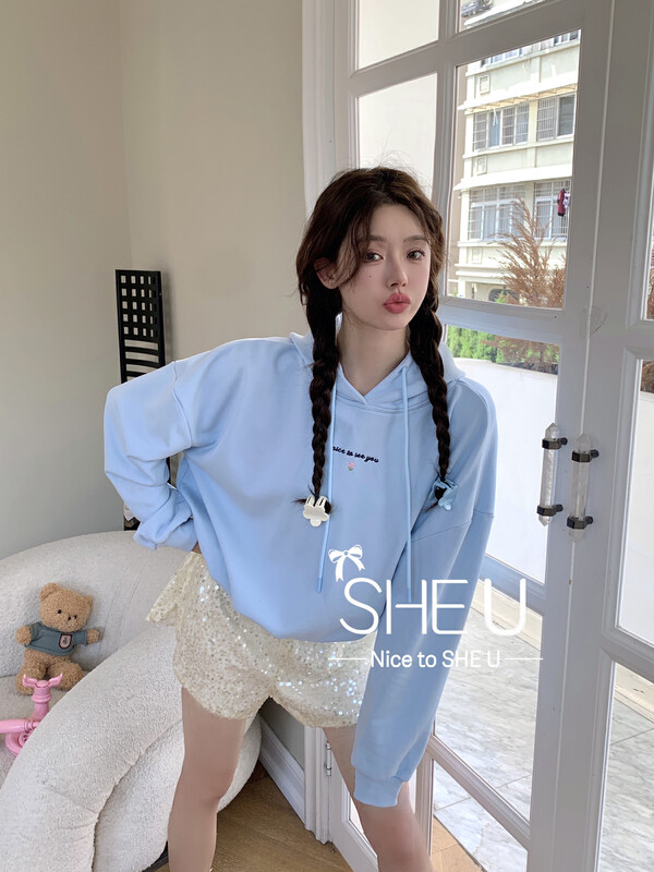 【SHE U】Korean Embroidered Solid Color Hoodie 51066
