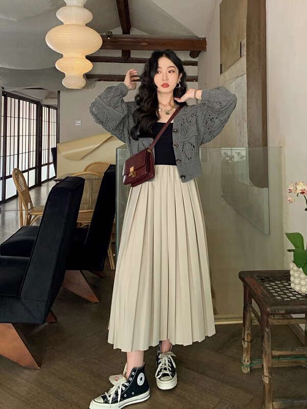 s 【SAVAGE】All-match High Waist Elastic Waist Pear Shape A-Line Pleated Skirt E9685# WPL