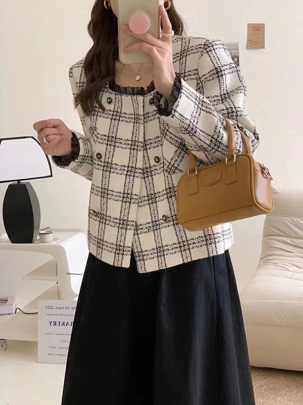 New in autumn! [JH] Net red Xiaoxiang double-breasted color-blocking short coat 42933# PCZ