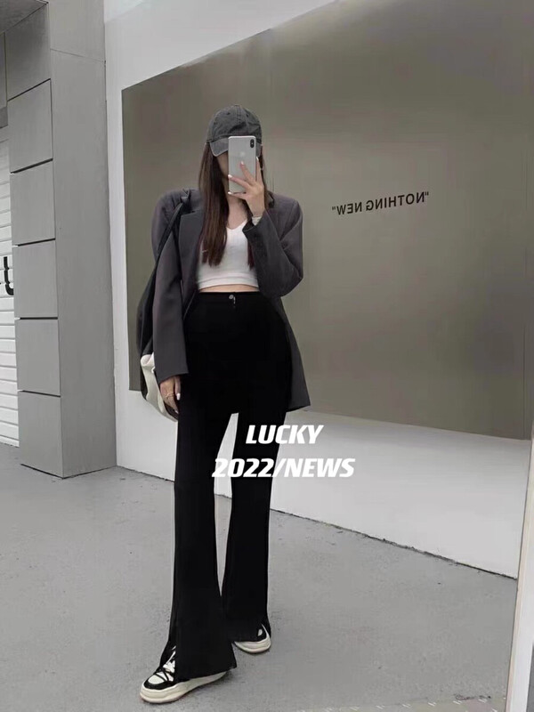 New in autumn!【LUCKY】High waist, slimming and high slit micro-bladed casual pants 1218# ZXX