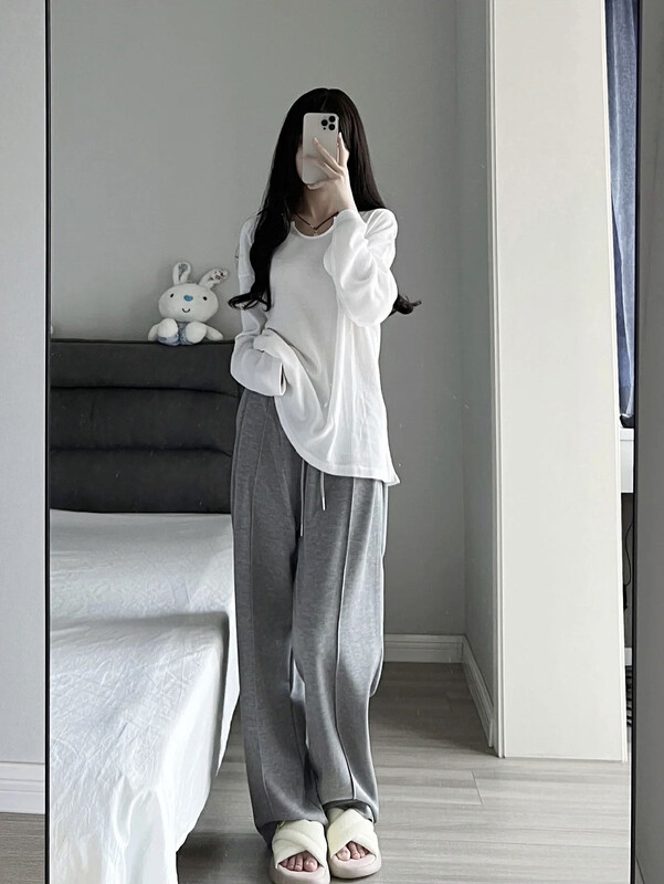 New in early autumn! [JH] Net red solid color shirt + wide-leg drawstring casual pants suit 42646# PCZ