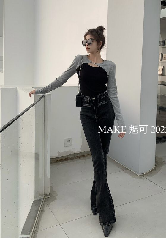 Autumn is new! [MAKE charm] temperament fake two-piece design short shirt 50158# OZQ
