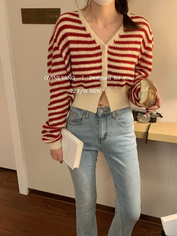 【OVINSYANG】Knitted striped wide shoulder cardigan knitted cardigan 9009