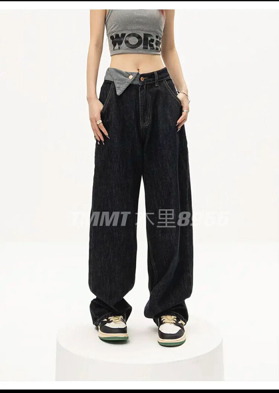 New in autumn! [JIAJIATMMT Muli] Western-style straight tube slimming stitching design wide-leg jeans 8966# L