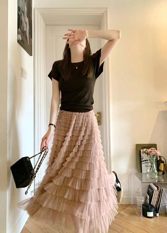 【JH】Net Red Tie Short Sleeve + Pleated Cake Skirt Set 42471# PCZ