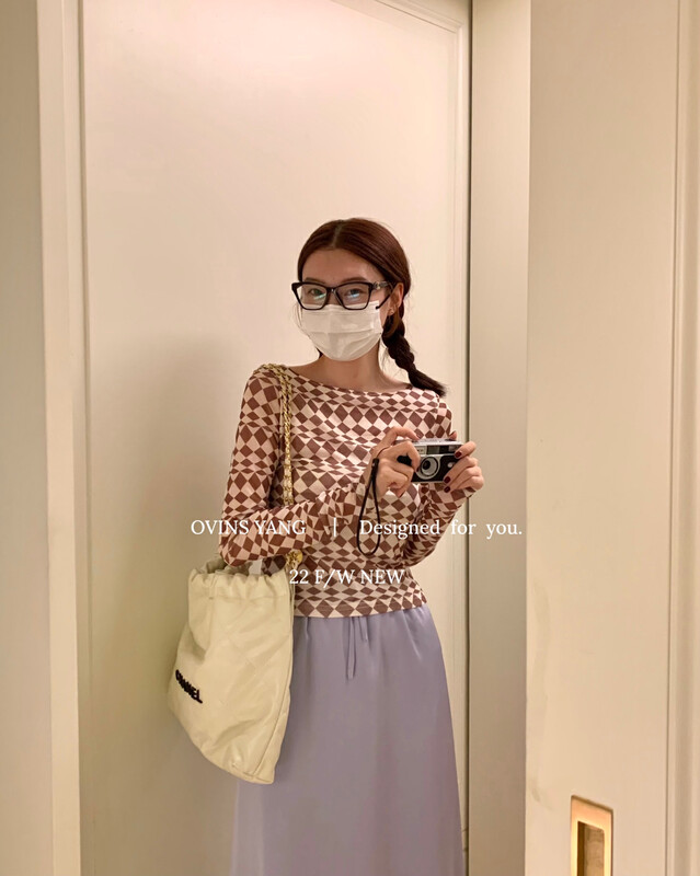 【OVINSYANG】Double mesh plaid long-sleeved T long-sleeved T-shirt 8973
