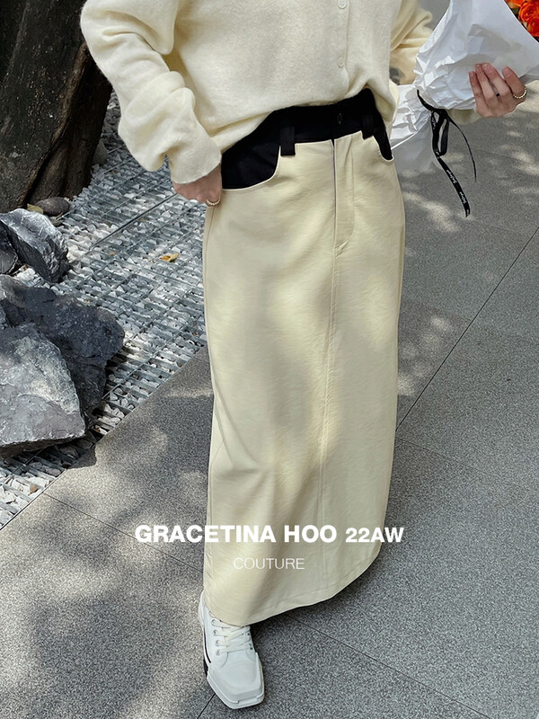 【GRACETINA HOO】Simple and niche stitching contrast color waist skirt imported texture high-quality PU leather BQ2236
