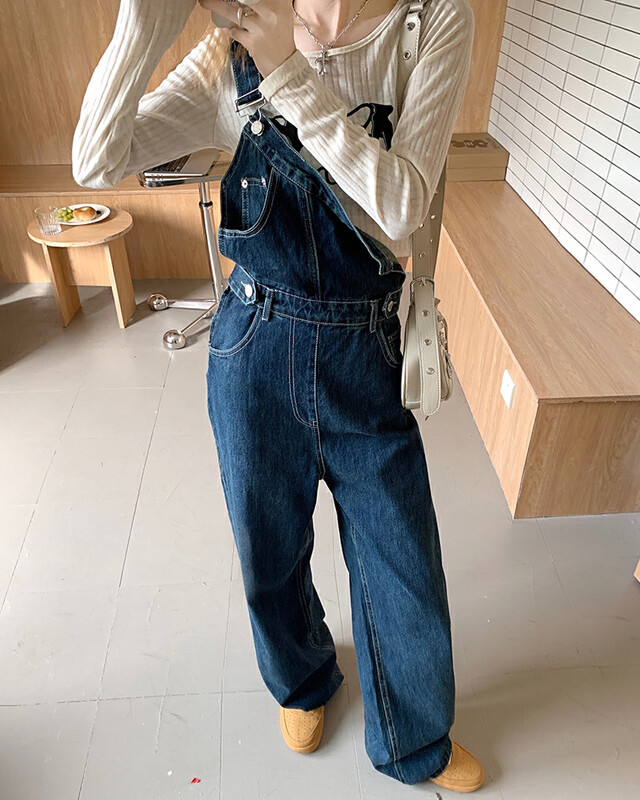 New in autumn! [Timely rain] Korean style ins retro design irregular one-shoulder loose wide-leg denim overalls A1255# WPL