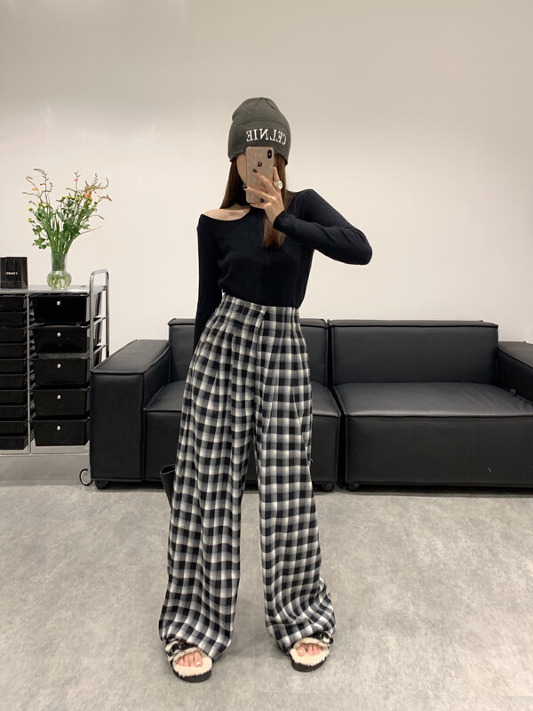 New in autumn!【VANESSA】High waist plaid wide leg casual pants 6849# OZQ
