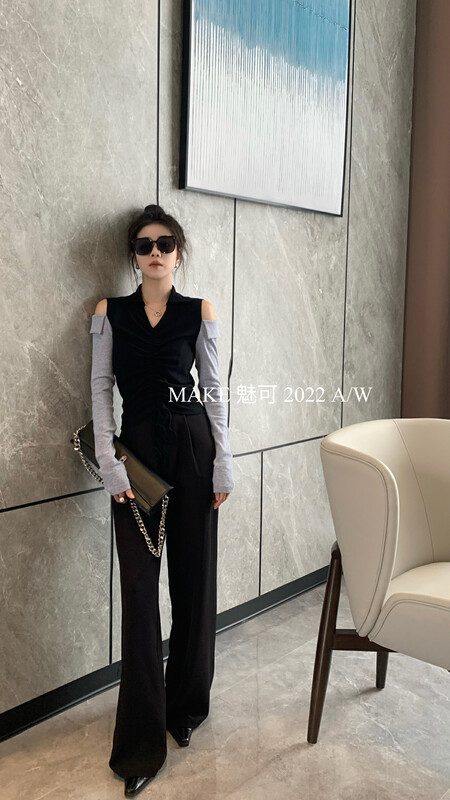 New in early autumn! [MAKE Charm] high-end atmosphere double off-the-shoulder flanging Polo collar small shirt 8934# OZQ