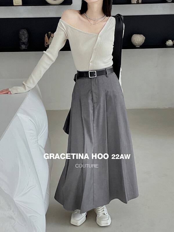 [GRACETINA HOO] Simple high waist double button A swing pleated slim skirt lazy high-end solid color texture BQ6237