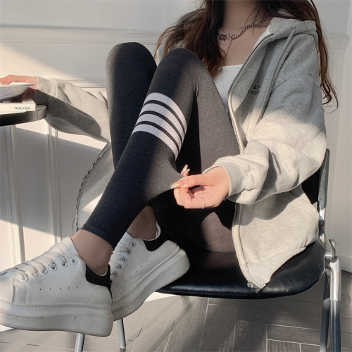 Real shooting undiminished leggings women's outer wear new spring and autumn threaded gray thin skinny leggings high waist and thin