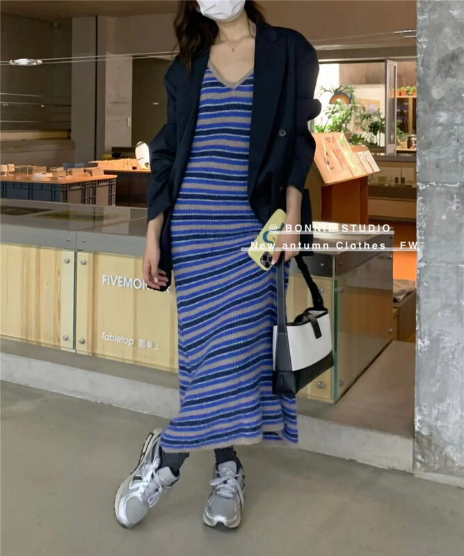 New in autumn!【BONNIE】Striped suspenders slim dress 2569# XYJ