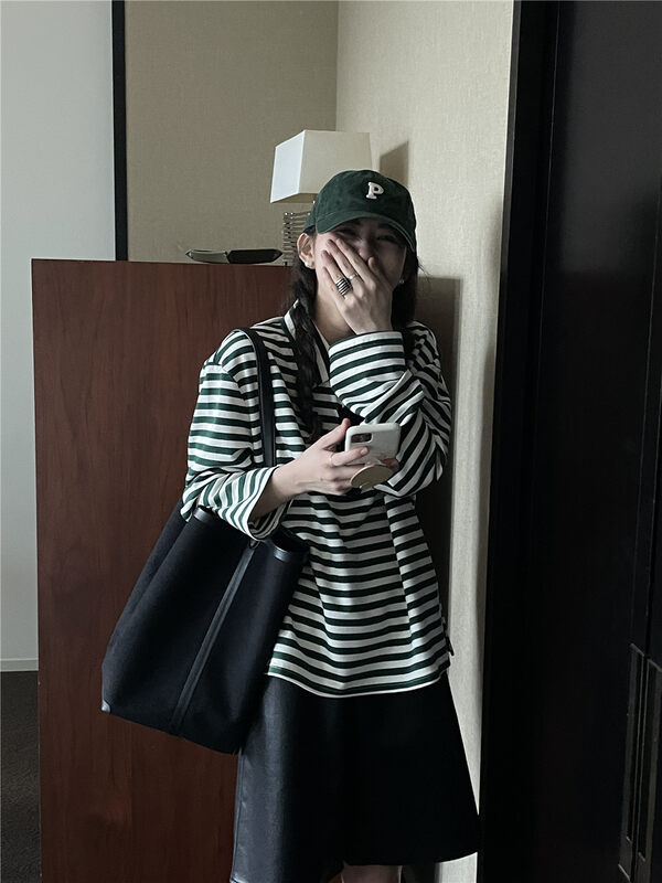 New in early autumn! [TN] Lazy style all-match loose Korean striped long-sleeved T-shirt 3071# CLS