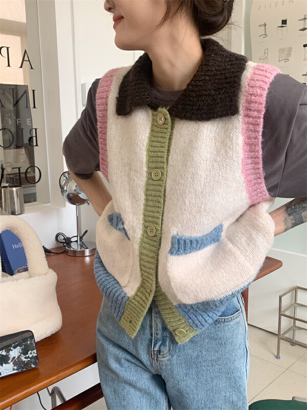 Autumn models are new! [Timely rain] Korean style ins retro design sense contrast color lapel button vest A0868# WPL