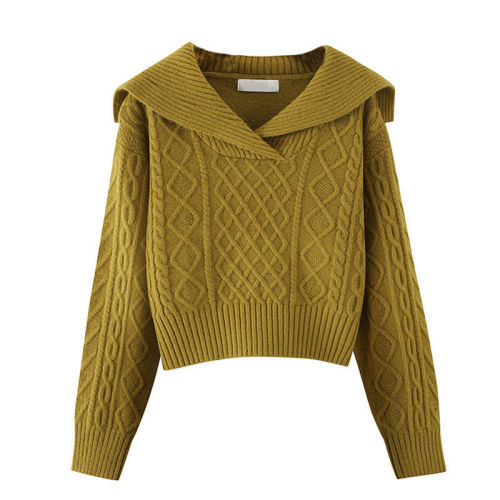Design sense niche sweater women's high waist short large lapel spring autumn and winter new doll collar sweater sweater top