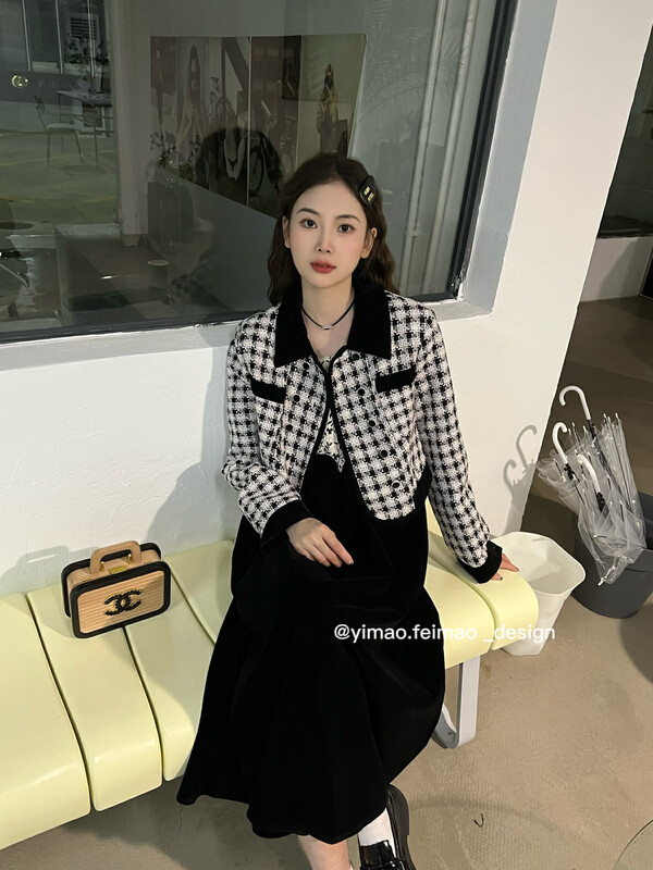 [FEI MAO] New small fragrant style houndstooth coat Korean version short all-match Western-style coat short coat Z-8544
