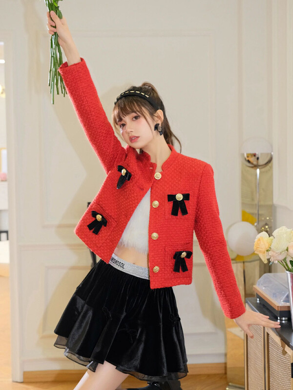 [ALALA EMELIA] Niche Haute Couture Small Fragrance Red Bow Buckle Design Short Jacket S1966