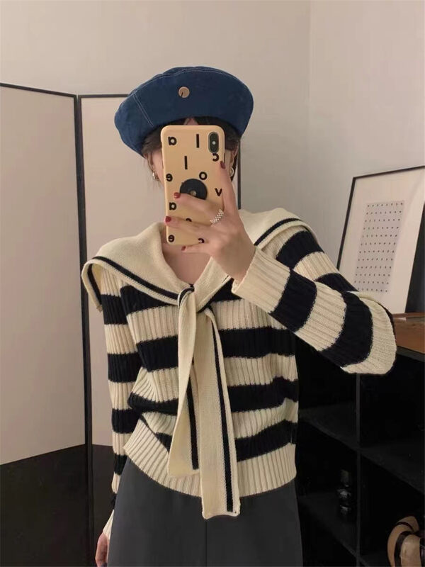 New in autumn!【ARE YOU】Navy Collar Striped Thin Comfortable Warm Sweater YS1-202# L