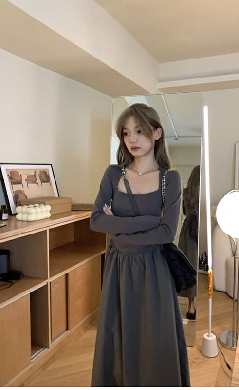 New in autumn!  [L.L STUDIO] Temperament square neck slim fit long dress 77925# PCZ