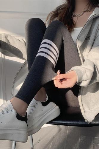 Real shooting undiminished leggings women's outer wear new spring and autumn threaded gray thin skinny leggings high waist and thin