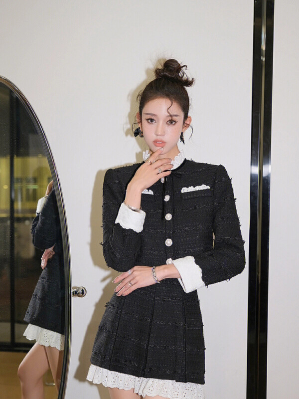 [ALALA EMELIA] Niche Haute Couture Small Fragrance Stitching Fake Two-Piece Lace Coat Skirt Suit T2192# JHY