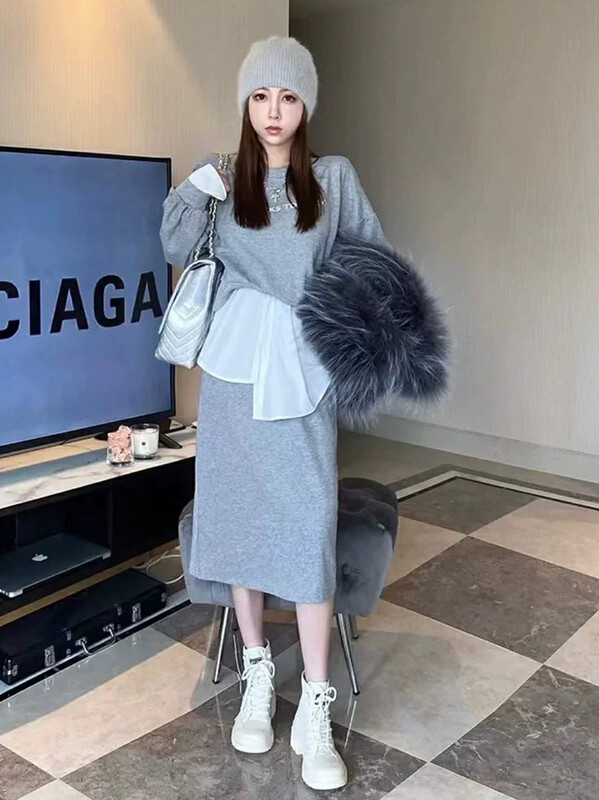 New in early autumn! [JH] Net red embroidery fake two-piece pullover sweater + fake two-piece sweater skirt suit 42588# PCZ