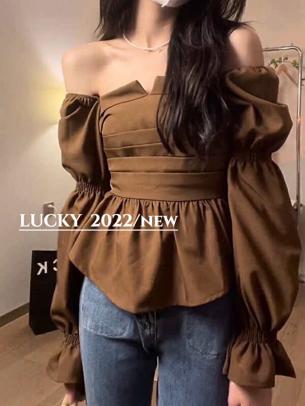 Autumn is new! [LUCKY] Square collar waist puff sleeve one-shoulder shirt 9487# ZXX