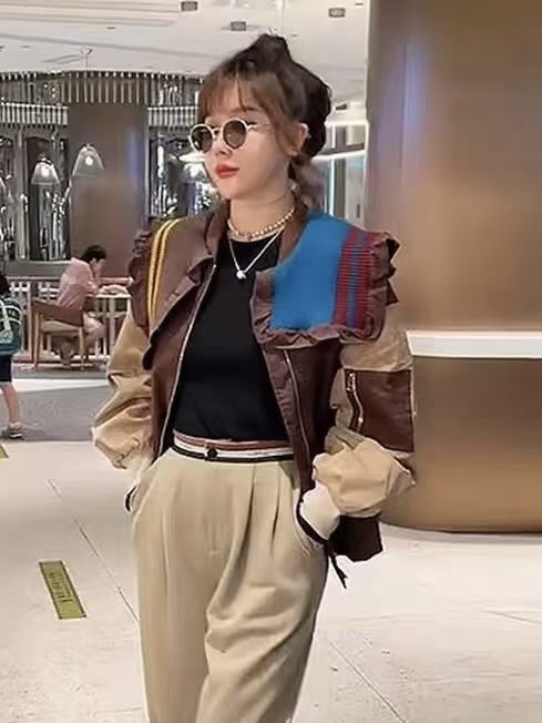 Casual [JH] Net Red Contrast Color Splicing Short Jacket 42966# PCZ