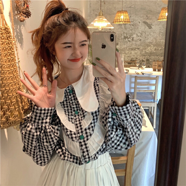 New in early autumn! [Timely rain] Korean style ins retro French sweet design ruffled plaid shirt 24779# WPL