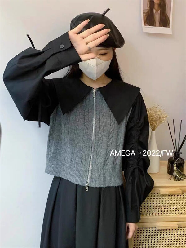 New in autumn! [ARE YOU] zipper stitching fashion knitted cardigan 198# L