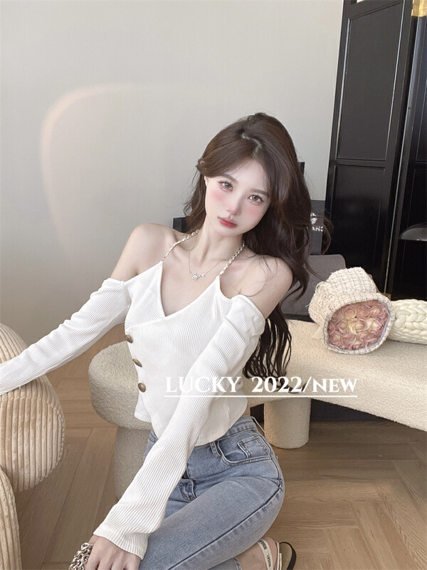 New in autumn! [LUCKY] V-neck one-shoulder design knitted sweater 9463# ZXX