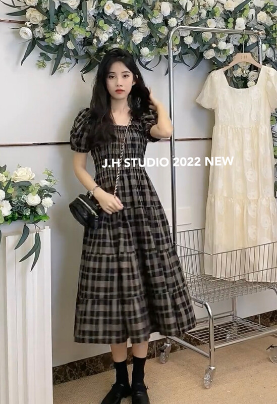 【JH】New Net Red Plaid Lantern Sleeve Dress 42136# PCZ