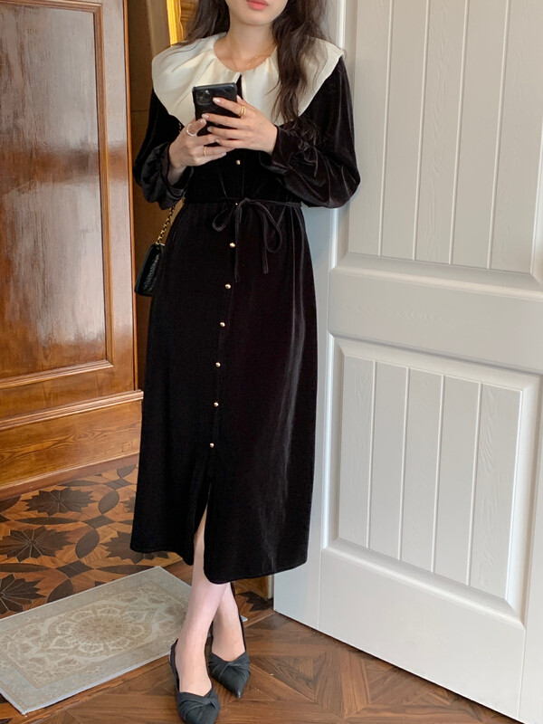 New in autumn! [Timely rain] Hanfeng ins retro temperament design lotus leaf dress (with waist rope) 17595# WPL